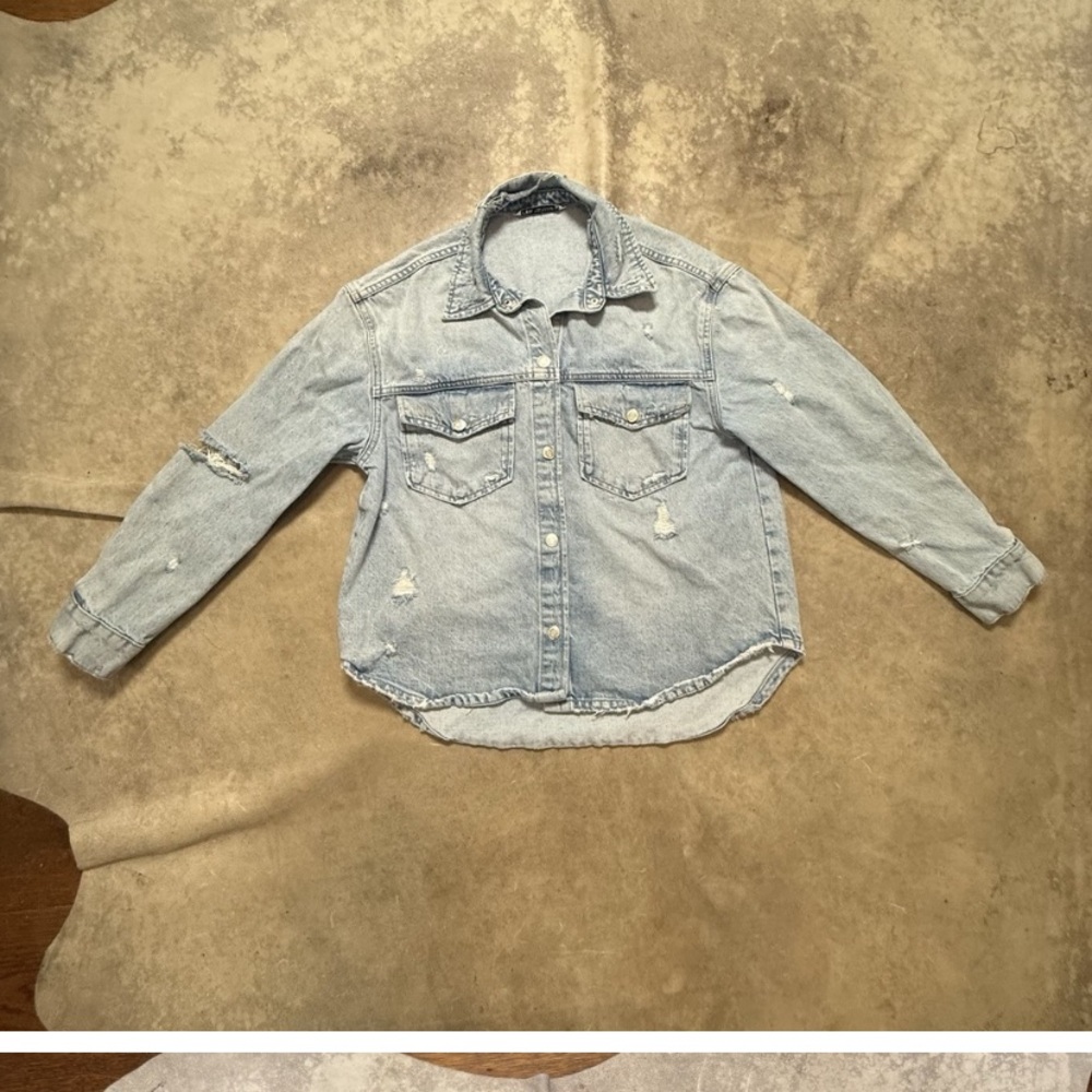 Zara Shacket Womens Size M Blue Distressed Denim Shirt Cotton Trucker